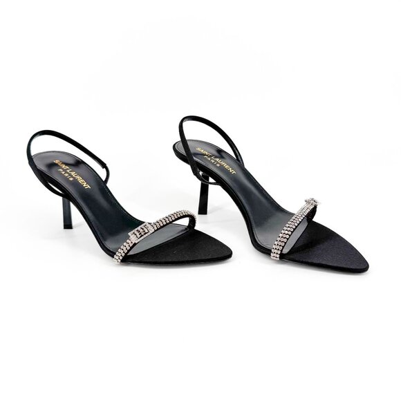 Saint Laurent Rendez Vous 75 Black Crystal Slingback Sandals Heels Size 37 US 7 - Picture 1 of 15